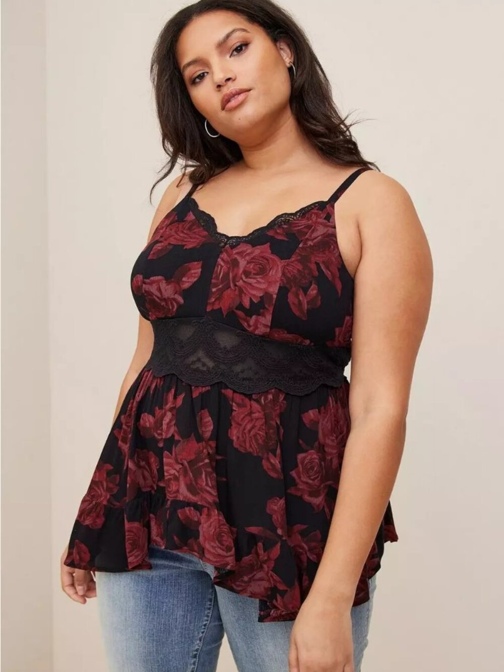 NWT - Torrid Size 3 Babydoll Gauze With Lace Inset Cami in Floral Black